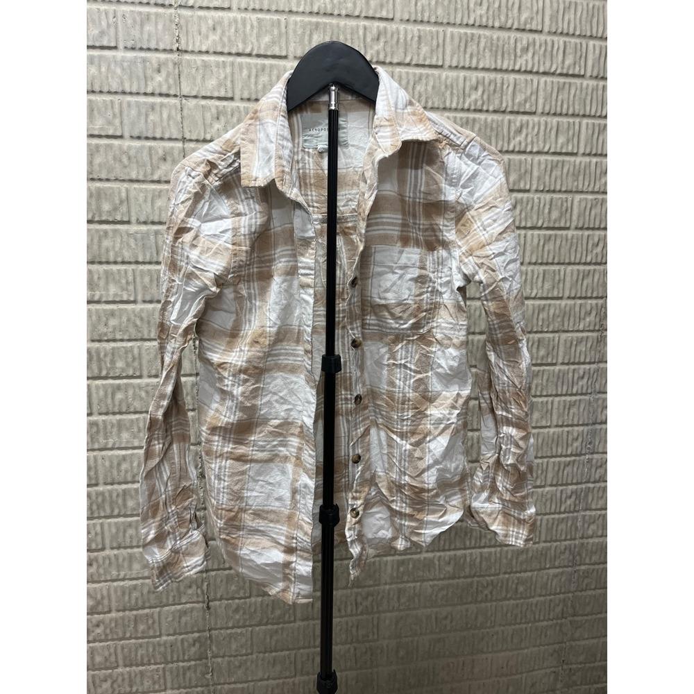 Aeropostale Plaid Flannel Long Sleeve‎ Button Up Shirt Womens XS Beige White